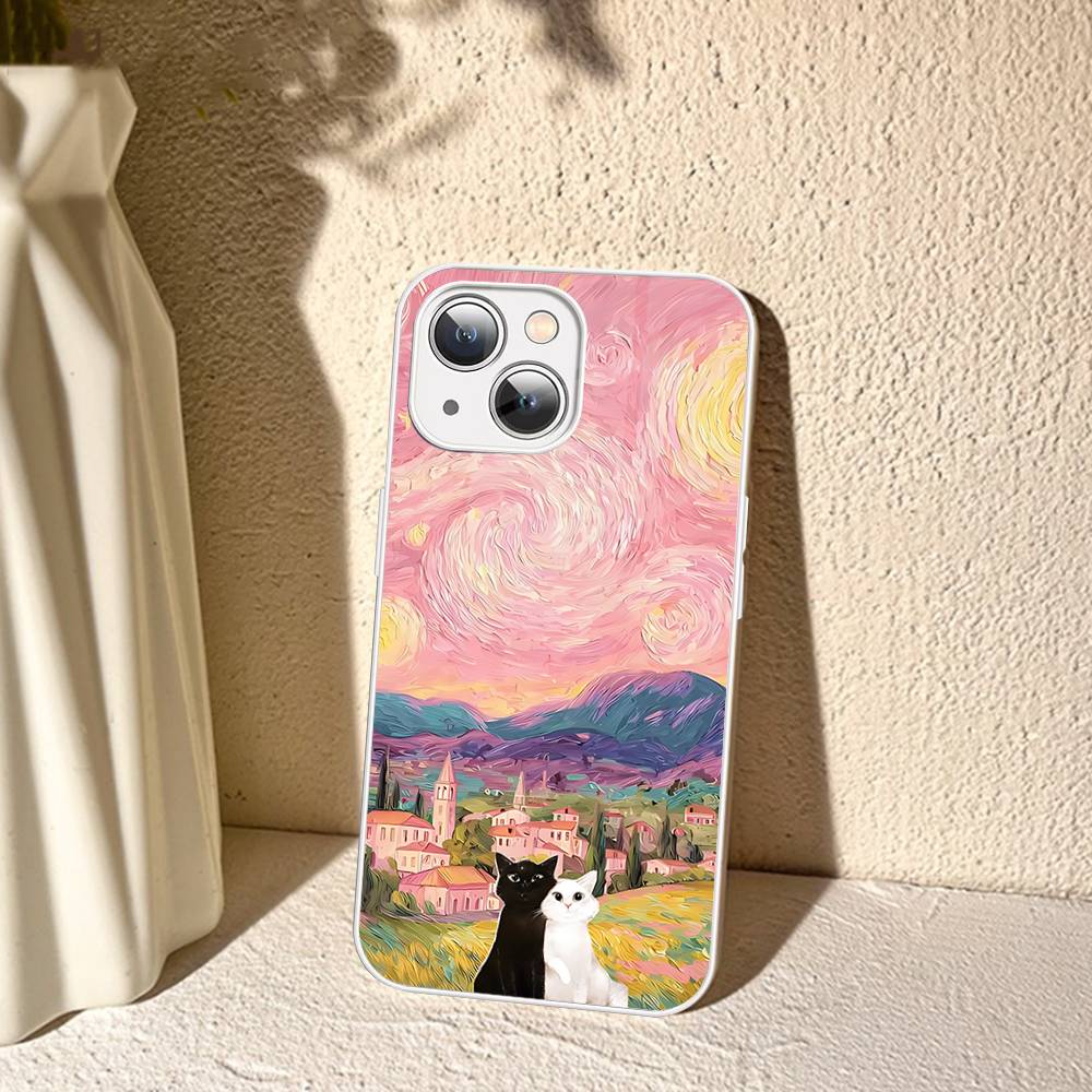 Black Cat Van Gogh Tempered Glass For Iphone 14 13 12 11 Pro Mini XS MAX 14Plus X XS XR Cover