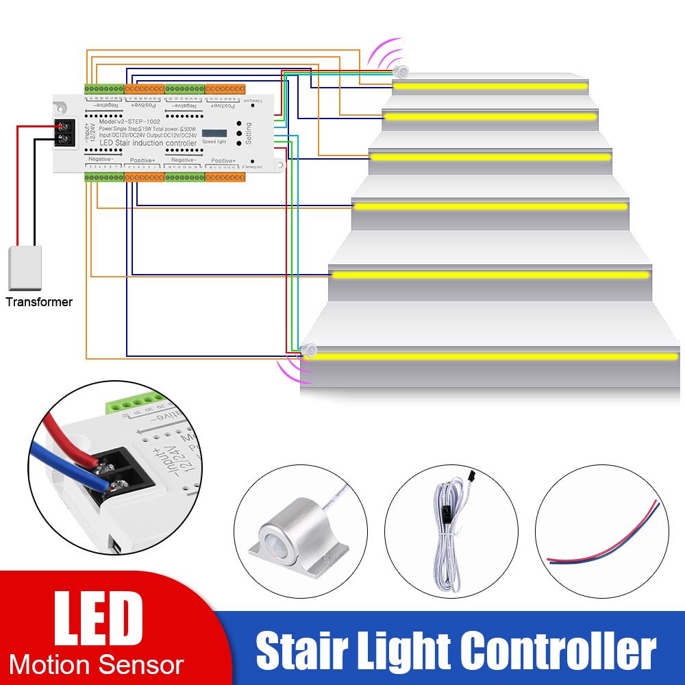 LED Motion Sensor Stairway Lighting Stair Light Controller Kit For Stairs Flexible Strip Automatic Indoor 32 Channels DC 12V 24V