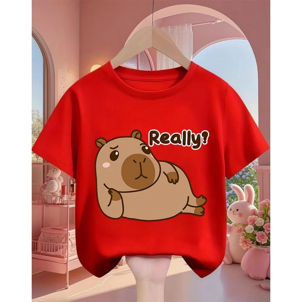 Cute Kawaii Capybara Crew Neck T Shirt Summer 3-14Y Boys Girls Fashion Street Hot Cartoon Casual Children