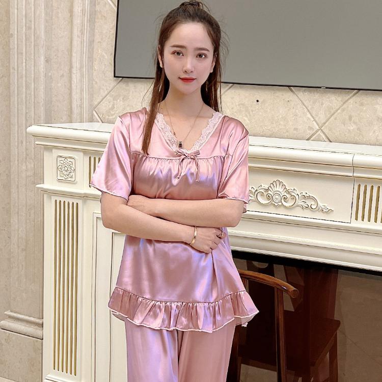 

Пижамы летние капри женские пижамные комплекты с коротким рукавом элегантные пижамы атласные шелковые пижамы домашняя одежда M