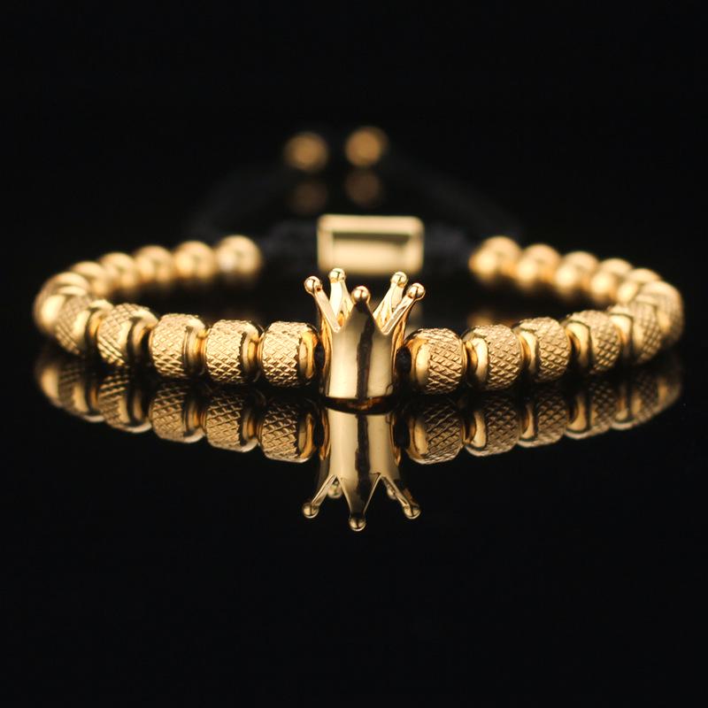 Men's Adjustable Braided Hip Hop Bracelet with Retro Copper Crown, Pineapple Beads, and Vacuum-Plated Titanium Steel.