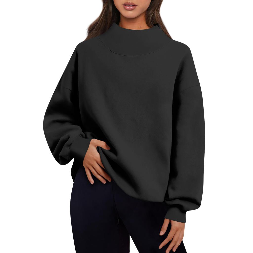 Women's Fashion Solid Color Long Sleeve Loose Slit Half Turtleneck Pullover Sweatshirt Top