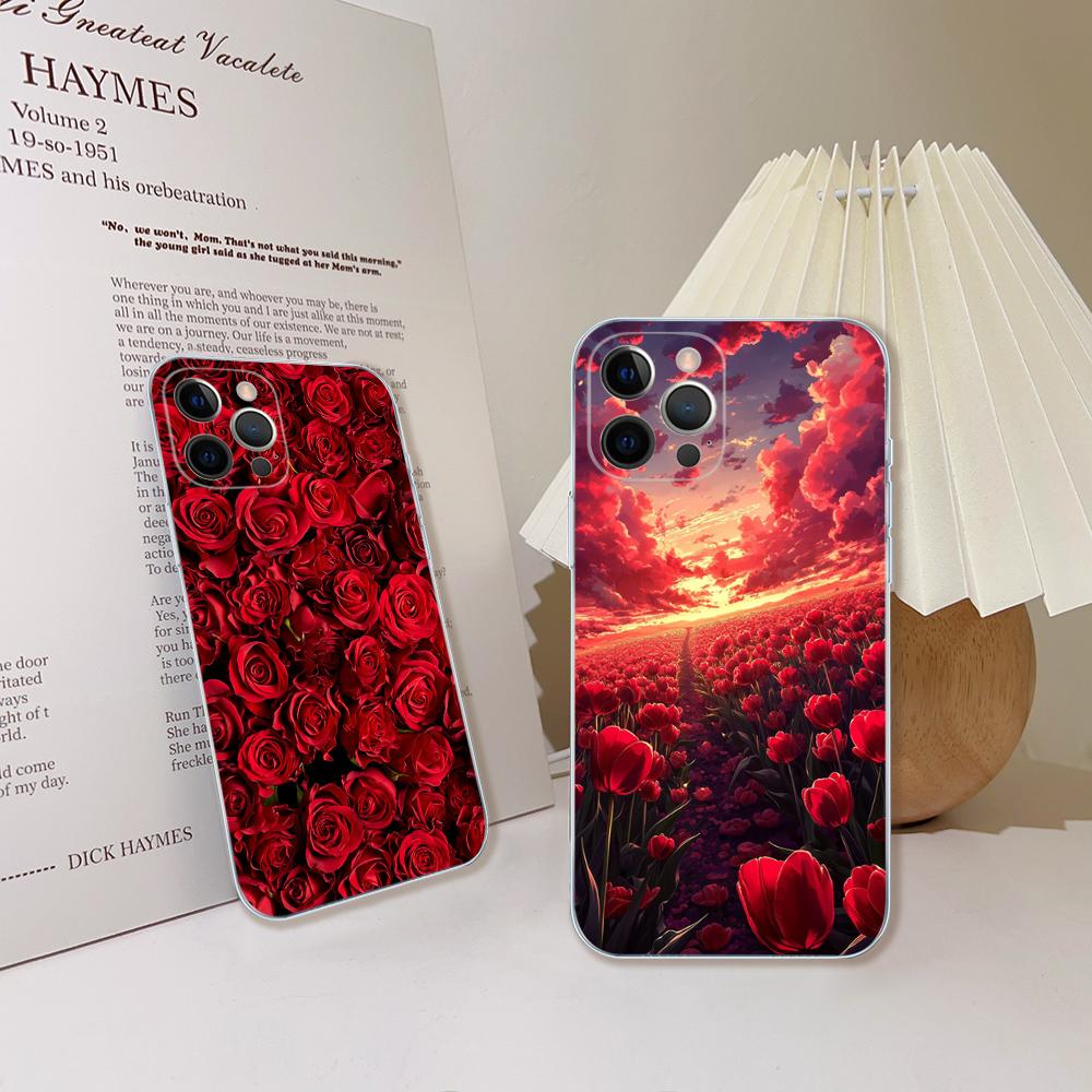 Red Roses Flowers Phone Case Silicone Soft For Iphone 16 15 14 13 12 11 Pro Mini XS MAX Plus X Cover