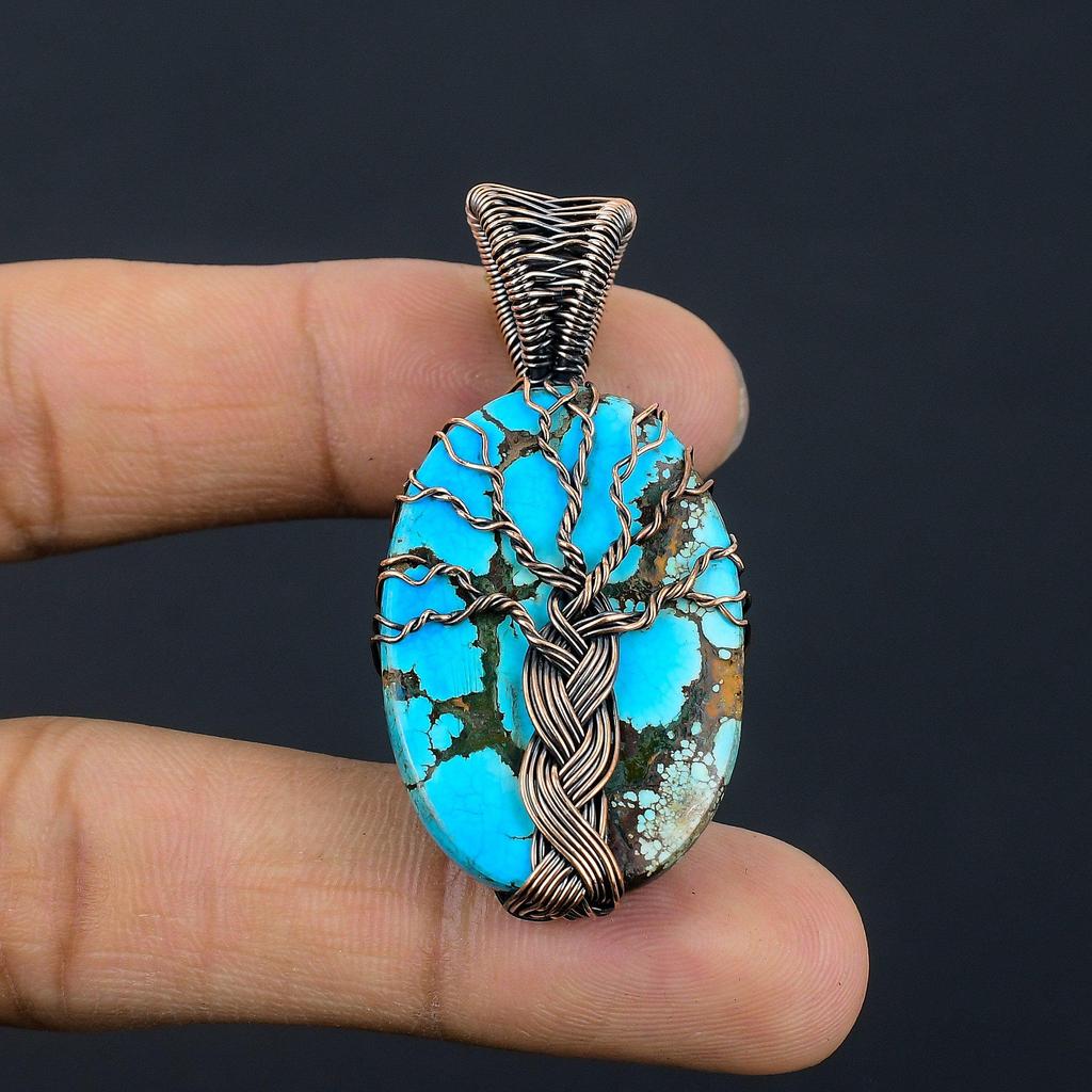 Tibetan Turquoise Pendant, 999 Copper Wire Wrapped Gemstone Jewelry, Handmade Pendant, For Thanksgiving