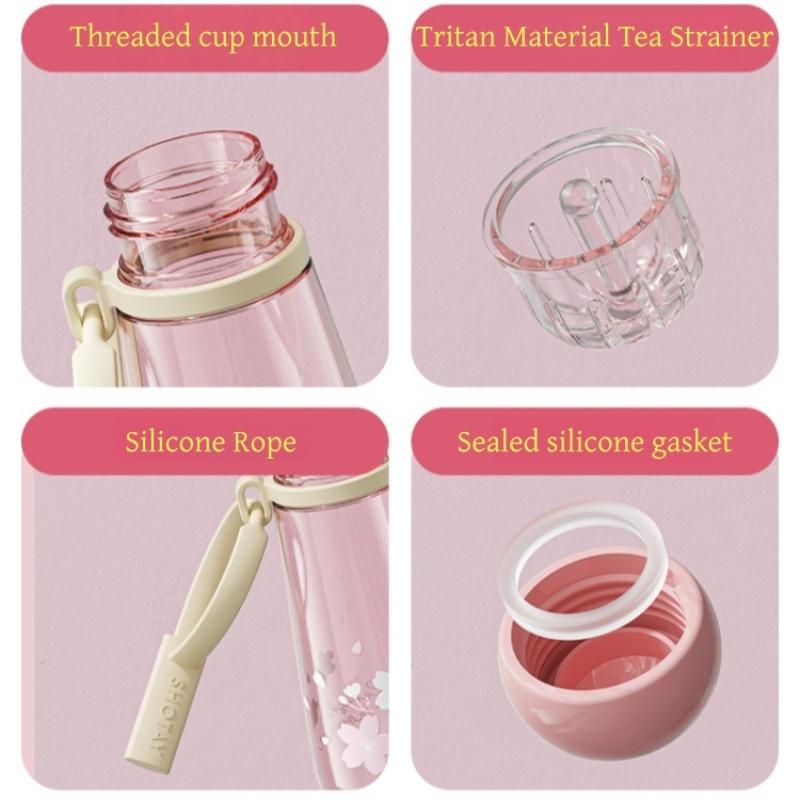 SHOTAY  400/600ml Plastic Water Cup Flower Pattern Water Bottle with Tea Strainer Leak-proof Brew Tea Cup Portable Office Cup