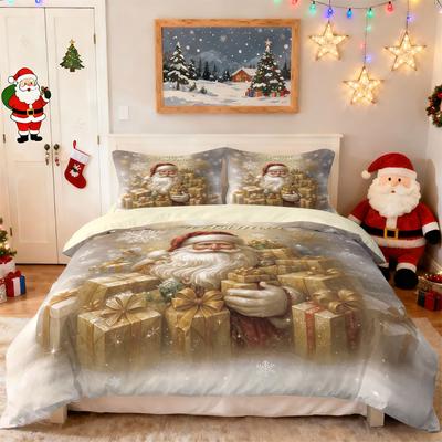 3-teiliges Bettwäscheset mit goldenem Weihnachtsmann-Aufdruck, ohne Chips, weich und bequem, für Studentenwohnheim-Schlafzimmer, mehrere Größen, maschinenwaschbar