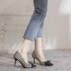 83846 Single Shoes Women's Spring and Summer New Thousand Bird Grid Fashion Temperament Thin Heel Shallow Bow 7cm High Heels