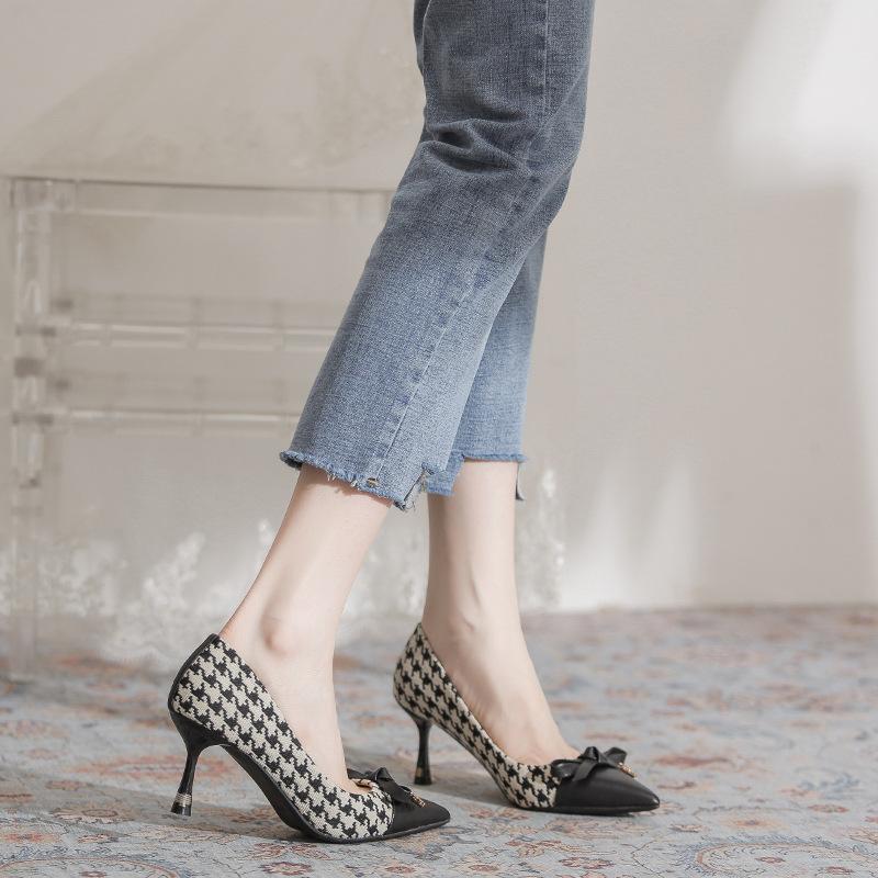 83846 single shoes women's spring and summer new thousand bird grid fashion temperament thin heel shallow bow 7cm high heels