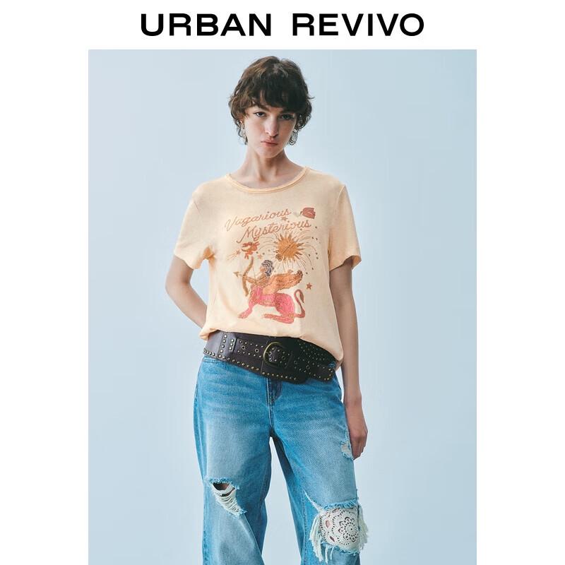 UR 2025 Autumn Retro Color-block Print Short Sleeve T-shirt L