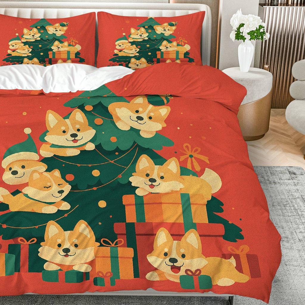 3-teiliges festliches Corgi Weihnachts-Bettbezug-Set - Gemütliche Polyester-Bettwäsche mit Reißverschluss, maschinenwaschbar, Cartoon für alle Jahreszeiten