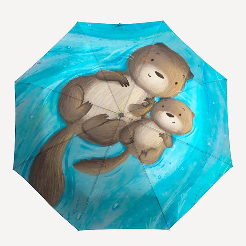 

1pc Otter Family Automatic Folding Umbrella, 8-Rib Durable Iron Frame, Compact Travel Umbrella for Women & Men 027