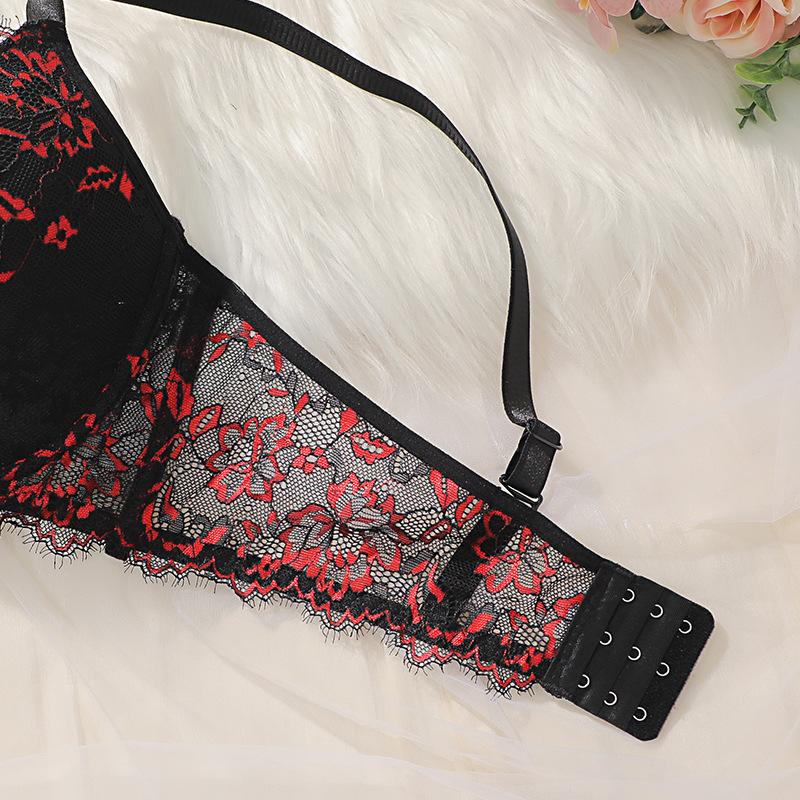 Black and Red Gathered Large Size Bra To Prevent Sagging and Side Breasts Full Cup Lace Sexy Women's Underwear