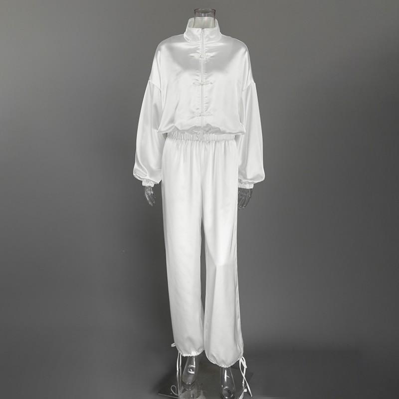 Womens 2-Piece Satin Set 2026 Fall Winter Stand Collar Jacket Wide Leg Pants Loose Casual Outfit