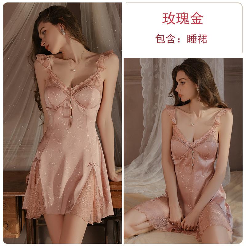 Silky fine flash satin deep V plus chest pad pure desire backless suspender nightdress robe loungewear set