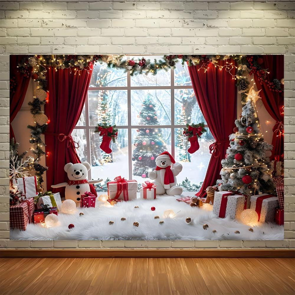 Vibrant Winter Wonderland Christmas photography background - Snowmen Christmas trees and rural window scenes of holiday parties