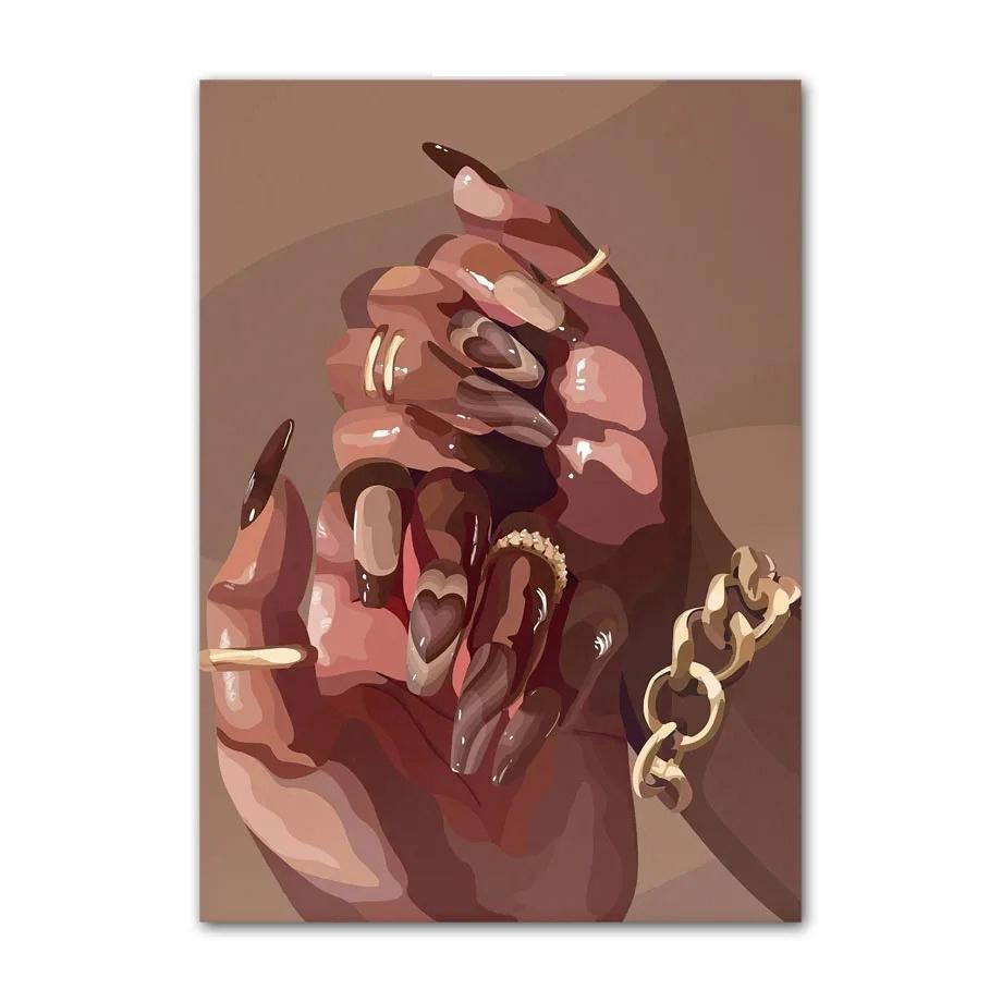 

Черное искусство Мода Хип-хоп Девушка Маникюр Ювелирные изделия Губы Постер Африканская Черная Женщина Красивые Ногти Живопись Картинки Гостиная Салон Красоты Декор 20x30cm