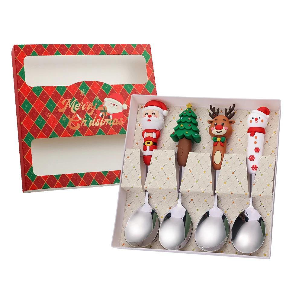 Christmas Dinnerware Stainless Steel With Luxury Gift Box Tableware Dessert Fork Coffee Spoon Santa Cutlery For Christmas