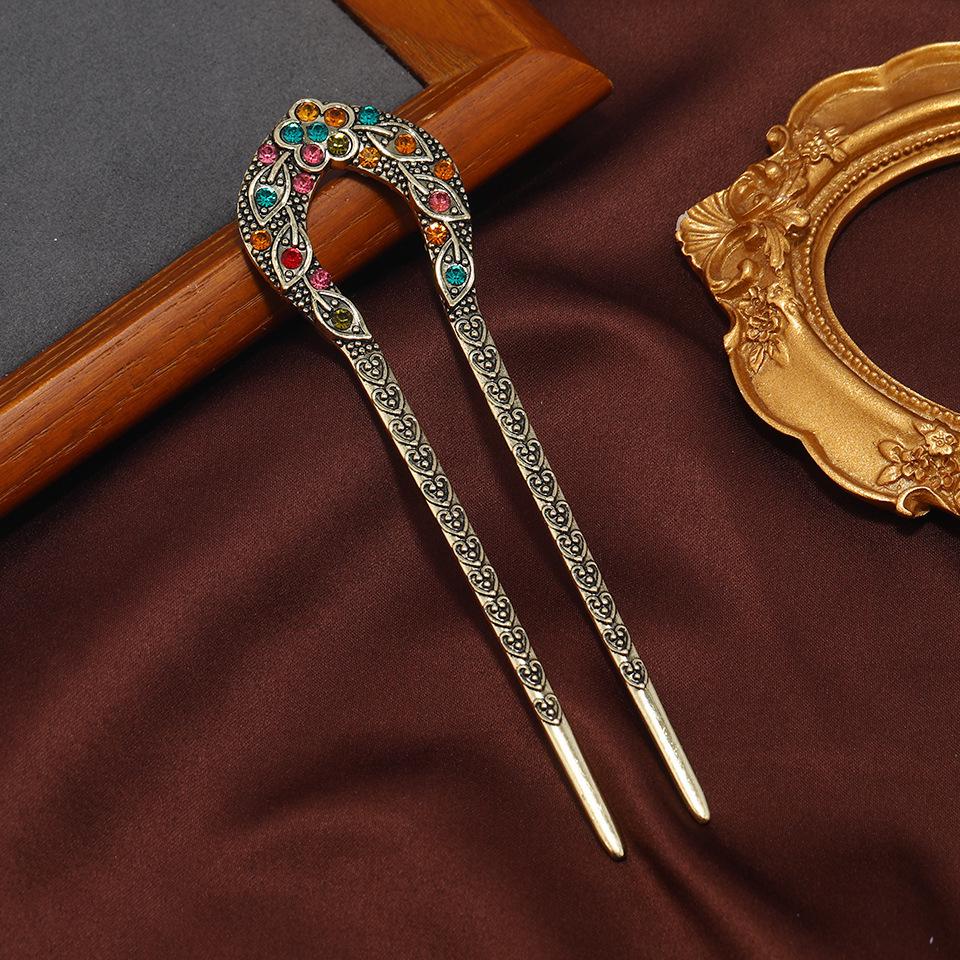 Peach Blossom Retro U-Shaped Rhinestone Hairpin - Classical Hanfu Hair Accessory