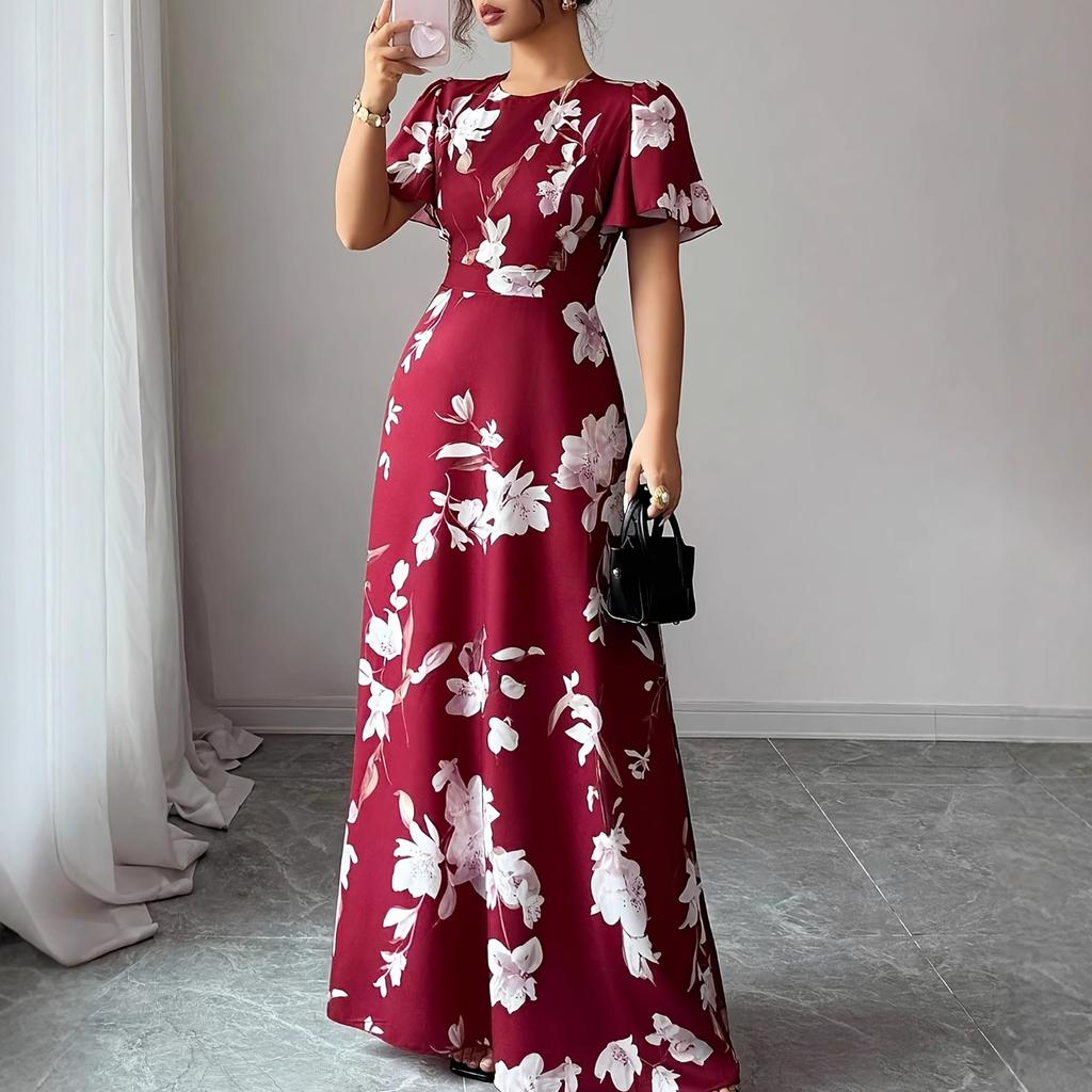 Women's Fashionable Round Neck Short Sleeved Floral Print Waist Cinched Bohemian Dress