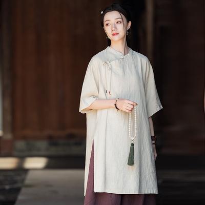 Women Chinese Style Stand Long Shirts Tops Summer Short Sleeve Solid Color Button Blouses