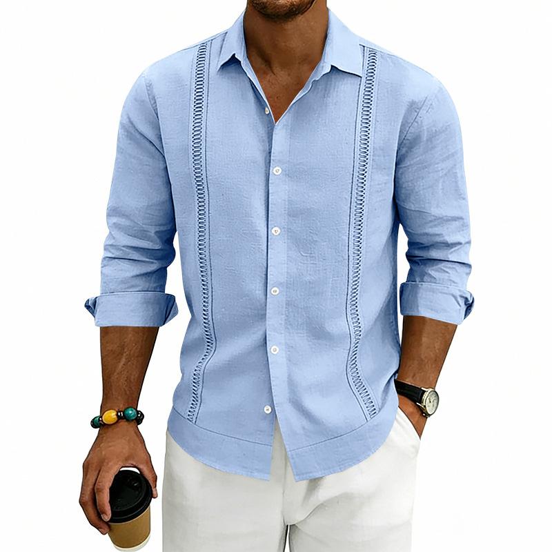 Men Casual Loose Breathable Long Sleeve Solid Linen Shirt S синий