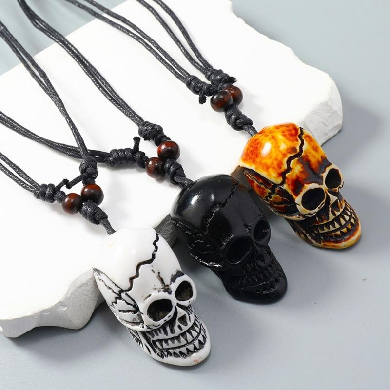 Gothic Bone Skeleton Head Skull Pendant Necklace Adjustable Wax Cord for Men Women Halloween Gift Hip Hop Party Jewelry