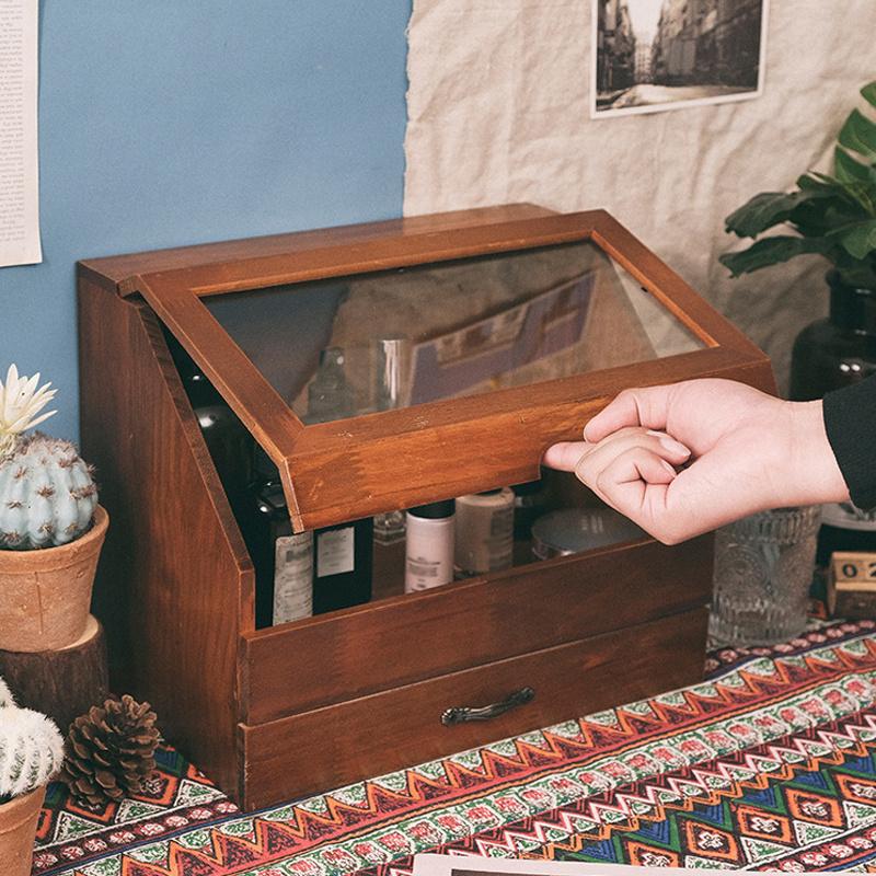 35*27*23cm1pc Vintage Women's Jewelry Wood Drawer Storage Box with Glass lid,Nordic Retro Style Dust-proof Sorting Makeup Cabinets.