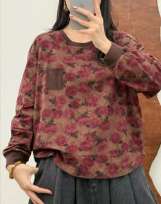 Women's Casual Spring Print Long Sleeve Cotton Pullover Top