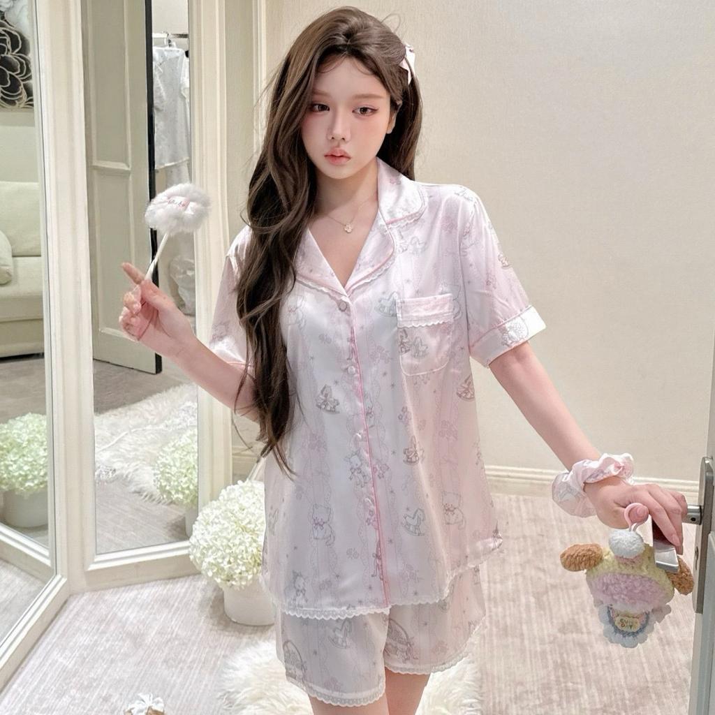 1011 New Pink Cartoon Lace Ice Silk Pajamas for Women, Summer Short Sleeve and Shorts, Sweet Outerwear Pajamas