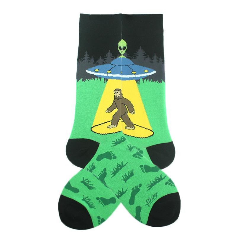 Happy Funny Unisex Painting UFO Astronaut Outer Space Rocket Men Crew Socks Male Boys Streetwear Cotton Causal Skateboard Sox