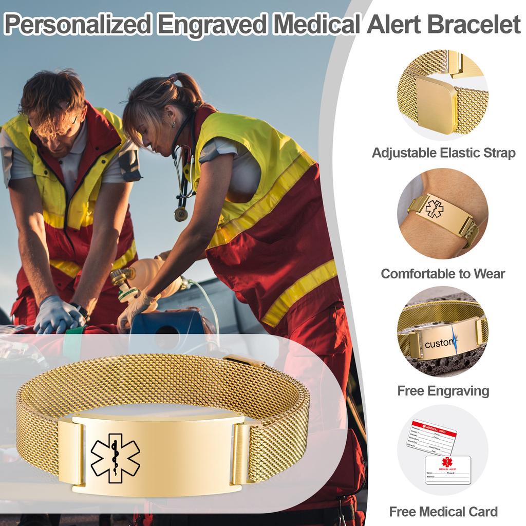 Persoanlized Medical Alert ID Emergency Bracelet, Adjustable Stainless Steel Mesh Chain Free Engrave Bracelets For Women Men