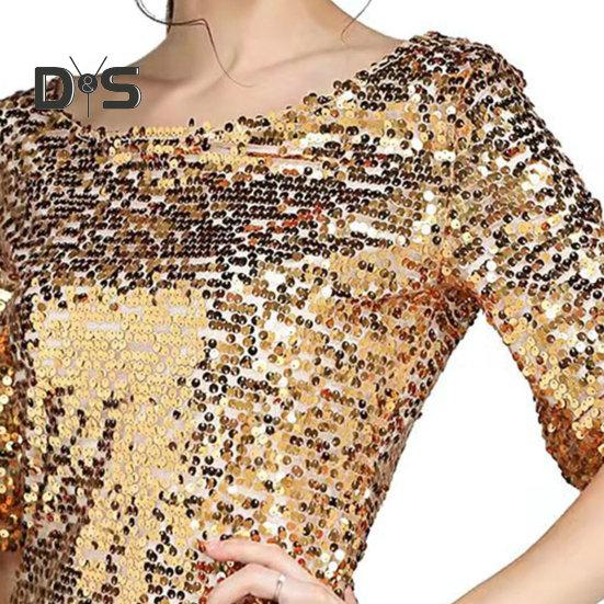 Dámské triko s flitry Špičkové šumivé tričko Stylová pohodlná halenka se středním rukávem Streetwear pro jevištní představení Denní nošení