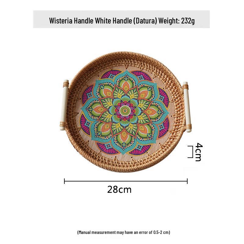Nordische Handgefertigte Rattan Gewebte Florale Print Runde Griff Frühstückstablett