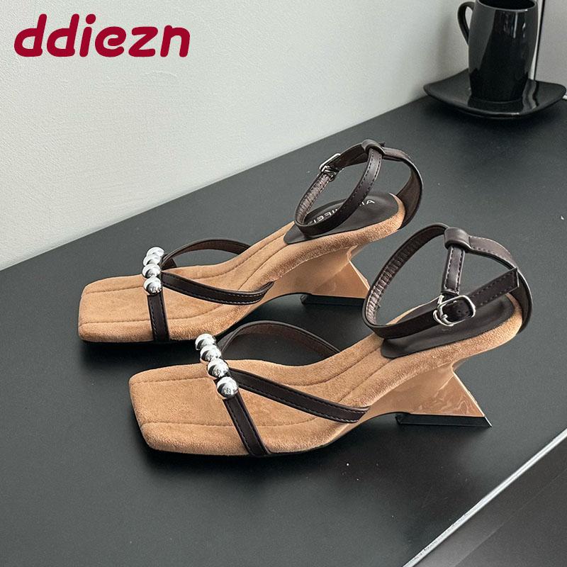 Fashion Fashion Metal Rivet Women Wedges Sandals Shoes New 2025 Footwear Ankle Wrap Ladies Heeled Sandals Wedges Shoes Female Pumps