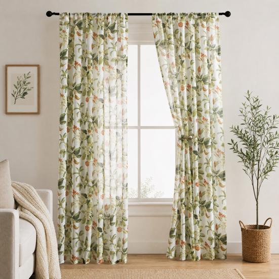 Curtain with Hole-Free Installation, Cotton Linen Printing Window Curtain, Light Blocking Privacy Protection Curtain for Bay Window