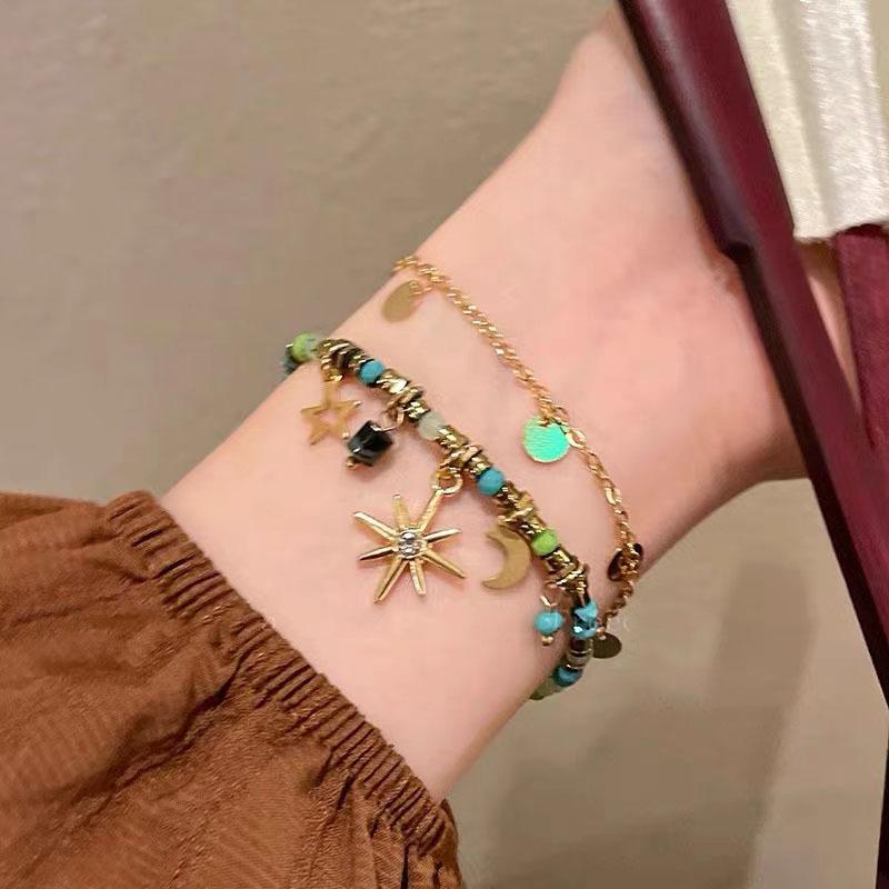 Vintage Bohemian Style Beaded Layered Bracelet Sunflower Moon Pendant Women'S Jewelry Gift Accessories