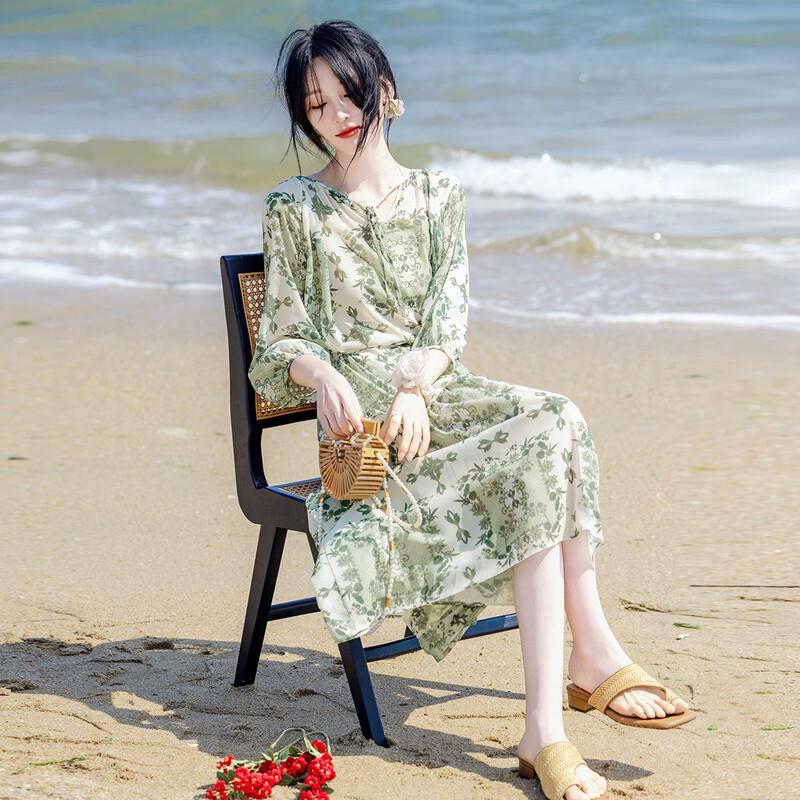 Miracle Waltz Botanical Print Chiffon Midi Dress