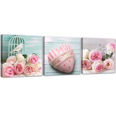 Set of Three Pictures Canvas Print Heart Roses Flowers