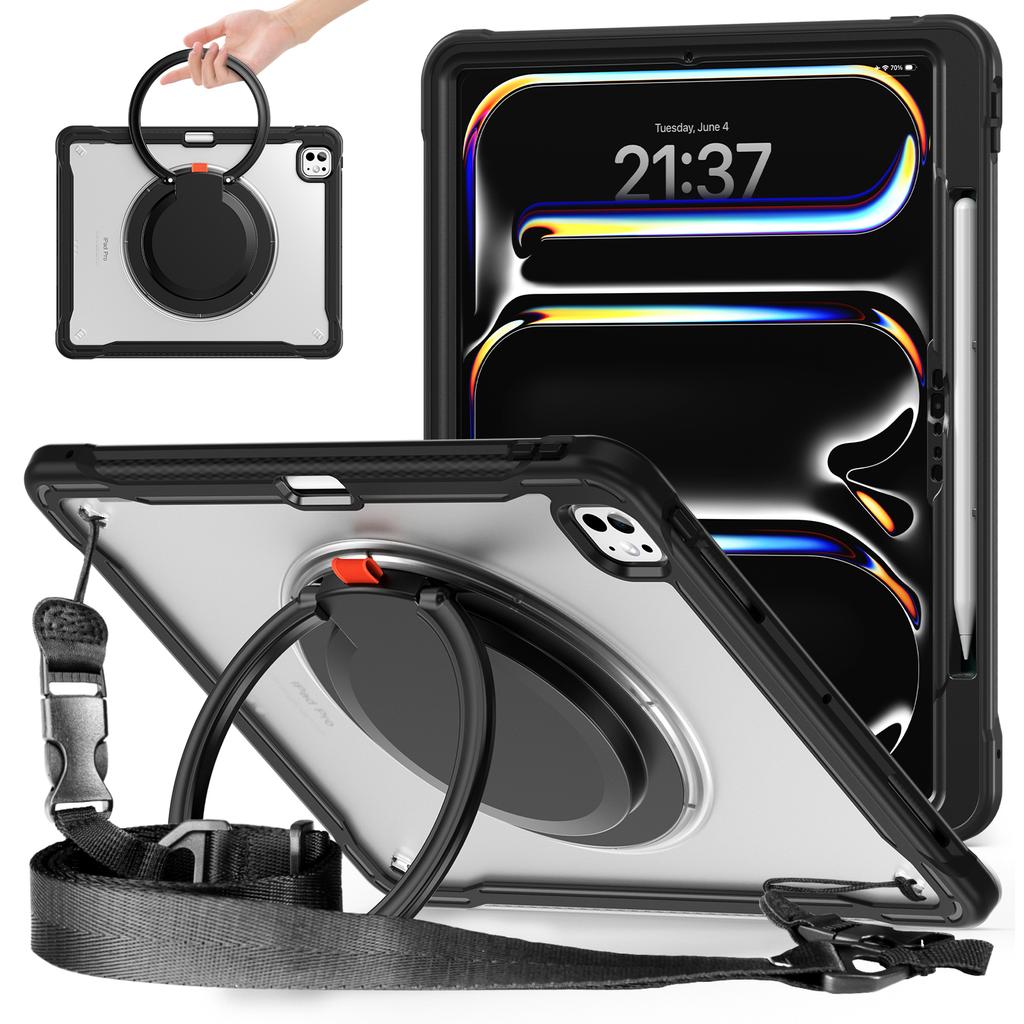 Para iPad Pro 13 (2024) Capa Rotativa com Suporte Kickstand PC+TPU+Silicone com Alça de Ombro