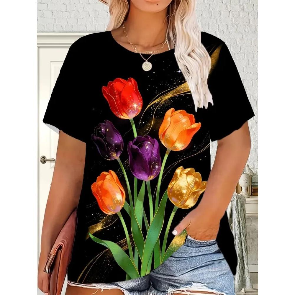 Fashion Versatile Flower Print Women s Top Short Sleeve Casual Loose T-Shirt Comfortable Daily T-Shirts Women’s XS