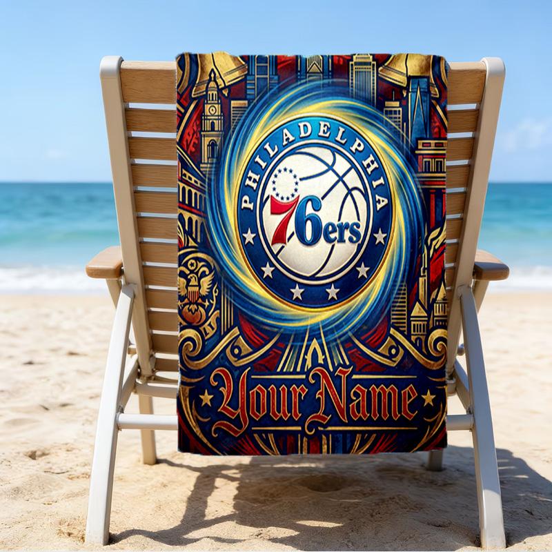 Custom Name Beach Towel 76ers Basketball Team Beach Towel, Soft Microfiber, Gift for Her/Him, Birthday, for Pool, Beach, Travel, Fan gifts