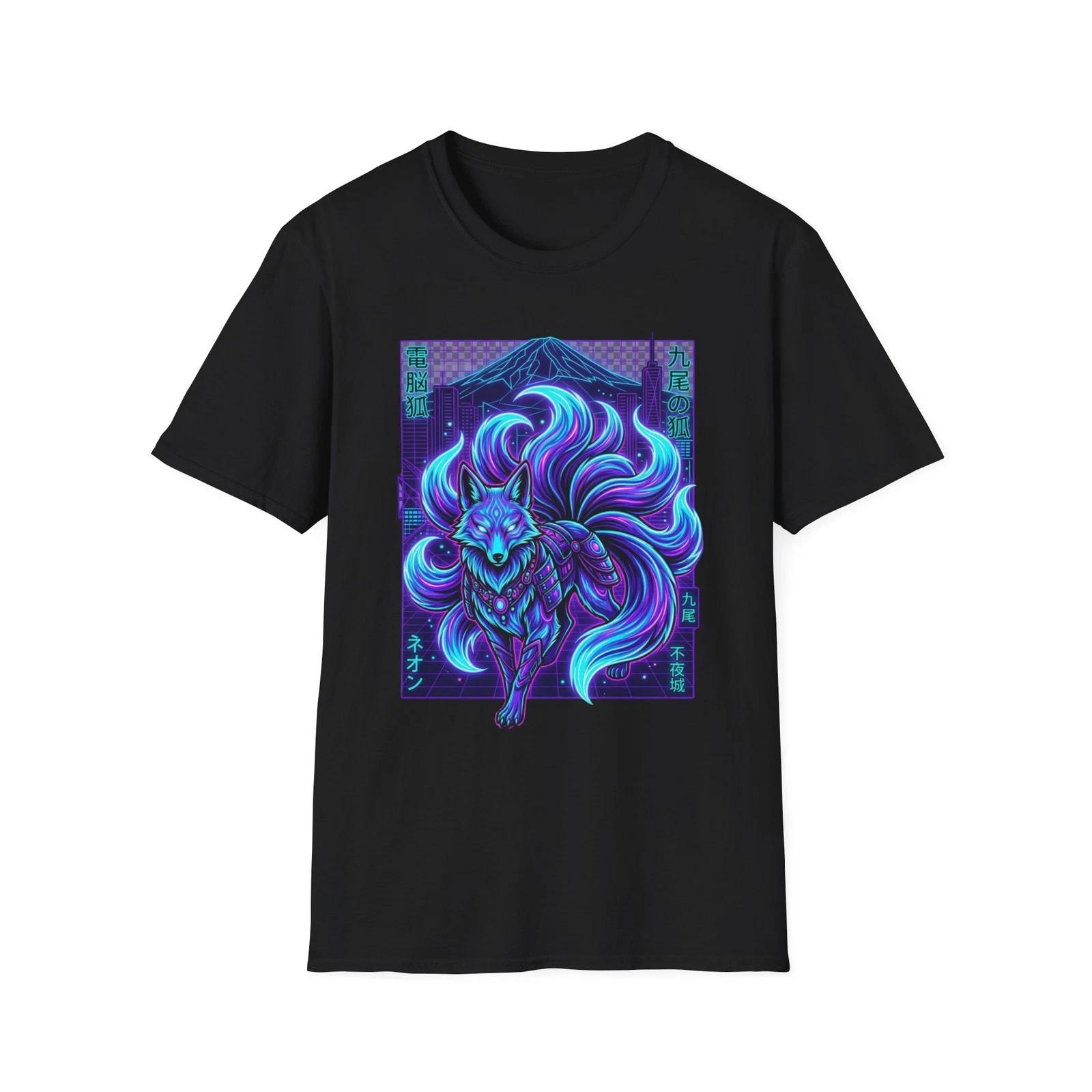 Neon Kitsune Cyberpunk T-Shirt Japanese Techwear Yokai Streetwear Unisex 4XL