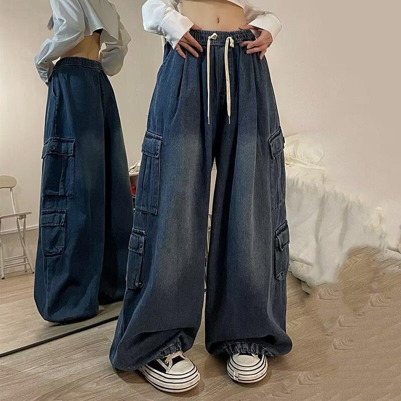 Chinese Street Trend Hip-Hop Straight-Leg Cargo Jeans: Retro Loose Wide-Leg Mid-High Waist Casual Pants