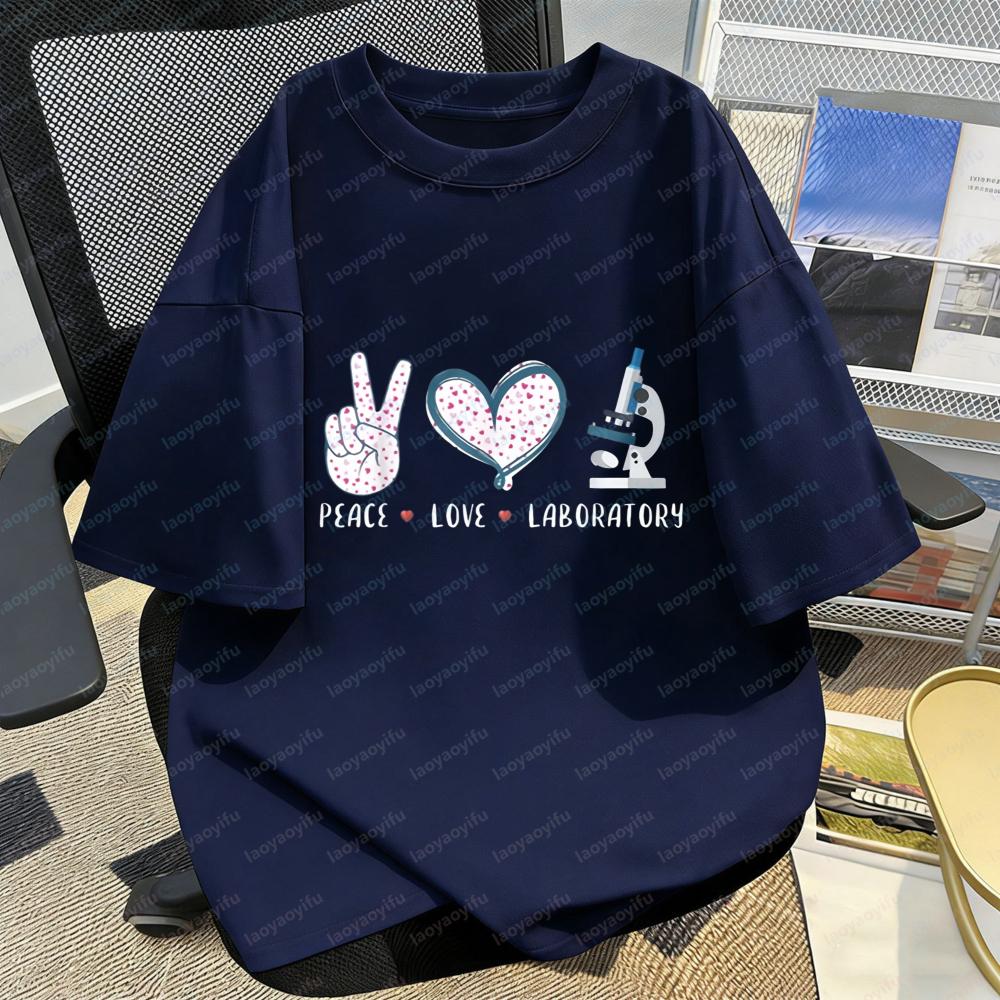 Lab Worker TShirt Peace Love Lab Science Print Wave Point Tee Medical Enthusiast Summer Casual Kawaii Clothes Women Cotton Tops