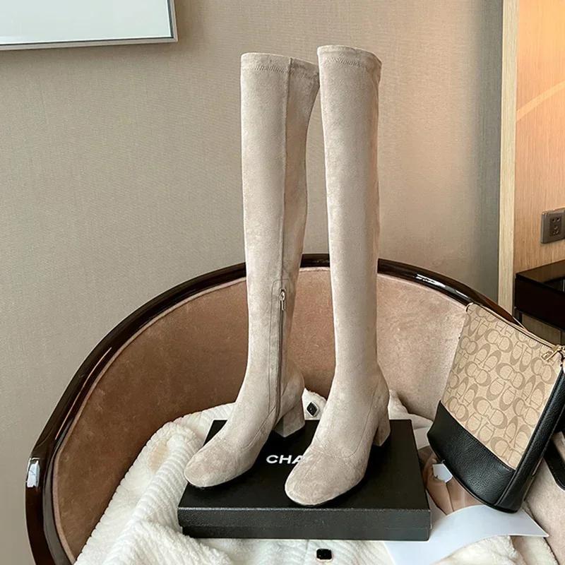 

Fashion Stretch Cloth Long Boots Women Fashion Slip On Square Heel Over the Knee High Boots Winter Shoes Ladies Elegant Mordern Booties 35 хаки