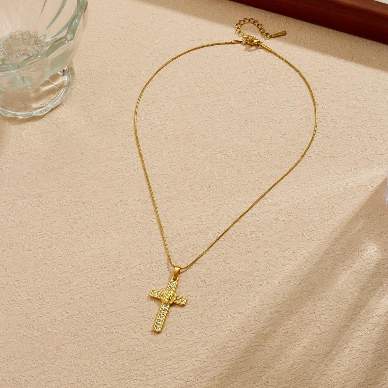 

Gold Plated Stainless Steel Crystal Cross Pendant Snake Chain Necklace for Women золотой