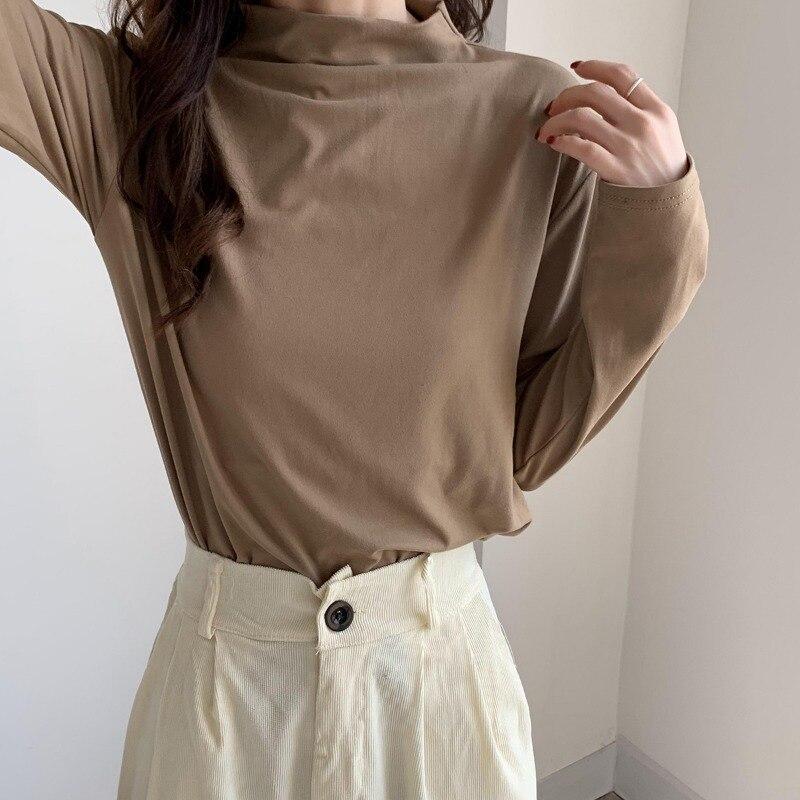 Langarm Shirt Bottom Frauen T-shirts Herbst Winter Mode Weibliche Beiläufige Dünne Hohe Elastische Mock Neck T-shirts Pullover Tops