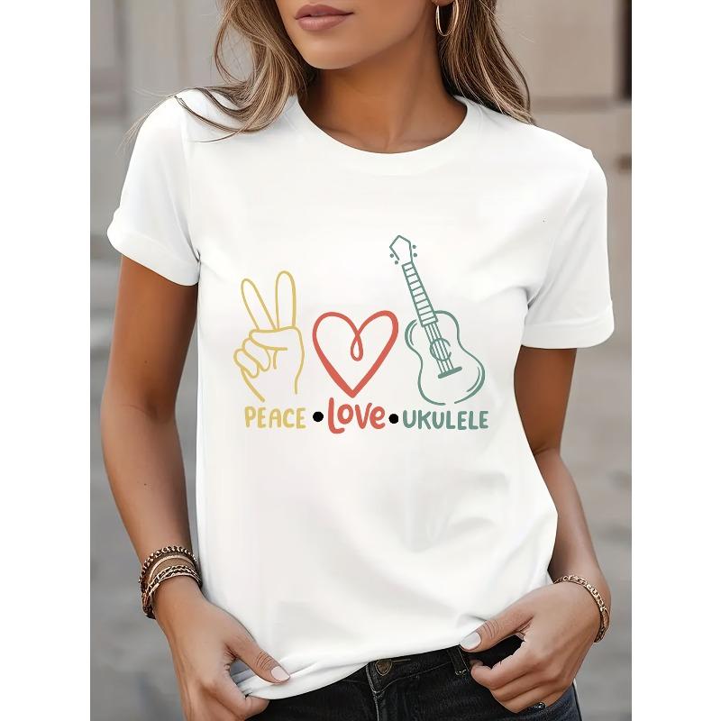 European sizes Women'S Casual Graphic T-Shirt - Short Sleeve, Crew Neck, Black with Colorful Peace, Love, Ukulele Design, Perfect for Spring & Summer