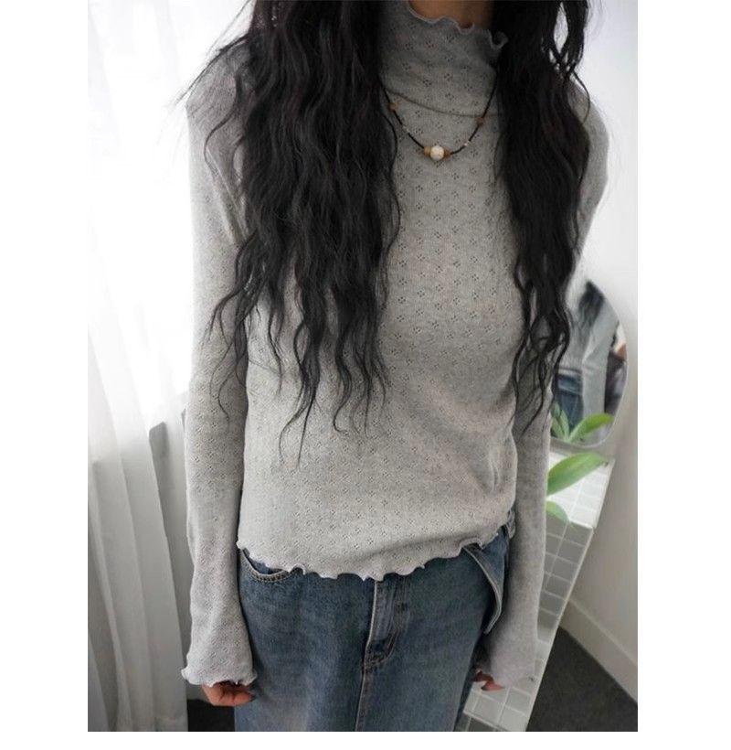 

[Оригинальная ткань] Кружевная футболка с маленьким воротником-стойкой, длинным рукавом, облегающая, универсальная, в стиле Sweet Spice Girl, тонкая, осенняя, для девушки XL серый