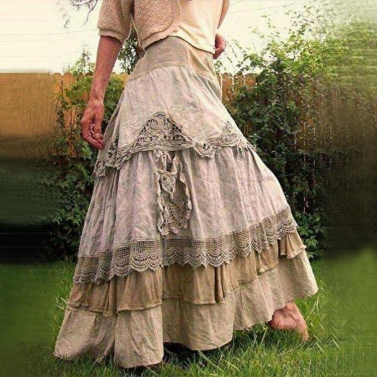 Bohemian Vintage Sukně s vysokým pasem Dámská krajková šitá Velká kolová Splývavá Maxi sukně